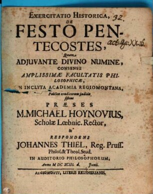Exercitatio Historica, De Festo Pentecostes
