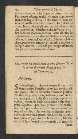 Lettera di Consolazione a una Dama sopra la morte d' un suo Fratello ucciso di Cannonata.