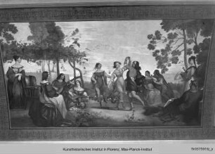 Tanzende Gesellschaft nach der Episode aus dem 'Decamerone' von Giovanni Boccaccio