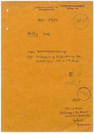 Angeklagter: Welty, Josef Peter (Buchdrucker); Brombach *09.04.1884 in Leberau (Frankreich), + ? Delikt: Verbrechen gegen die Kriegssonderstrafrechtsverordnung Wehrkraftzersetzung Tatort: Brombach Tatzeit: September 1940