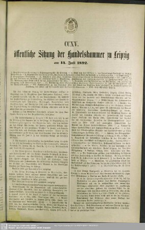 CCXV. öffentliche Sitzung der Handelskammer zu Leipzig am 14. Juli 1892