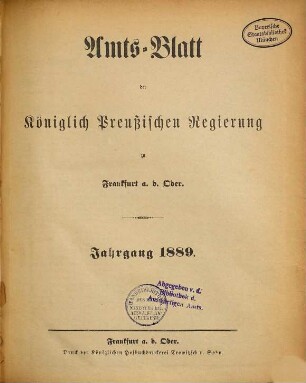 Amtsblatt der Regierung zu Frankfurt a.d. Oder. 1889