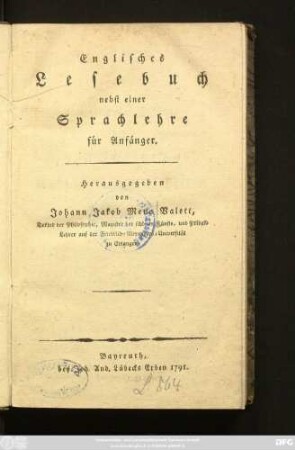 Englisches Lesebuch : nebst einer Sprachlehre für Anfänger