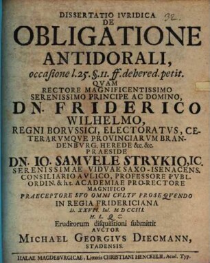 Dissertatio Ivridica De Obligatione Antidorali : occasione l. 25. § 11. ff. de hered. petit.