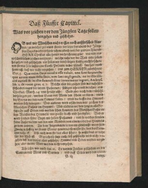 Das Fünffte Capittel. Was vor zeichen vor dem Jüngsten Tage sollen herrgehen und geschehen.