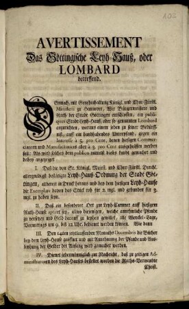 Avertissement Das Göttingische Leyh-Hauß, oder Lombard betreffend : [Göttingen den 4ten Decembr. Anno 1731.]