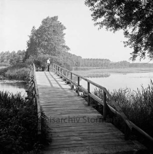 Herrenteich: Fischhuser Damm: hölzerne Fußgängerbrücke: Mann schaut ins Wasser: Blick Richtung Norden: im Vordergrund Ufer mit Schilf