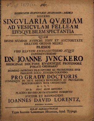 Dissertatio Inavgvralis Anatomico-Medica Sistens Singvlaria Qvaedam Ad Vesicvlam Felleam Eivsqve Bilem Spectantia