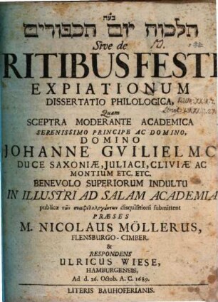 Hilḵôt yôm hak-kippûrîm sive de ritibus festi expiationum dissertatio philologica