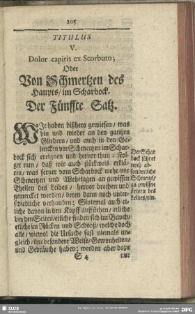 Titulus V. Dolor capitis ex Scorbuto; Oder Von Schmertzen des Haupts, im Scharbock