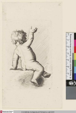 [Sitzender Putto, den rechten Arm erhoben, Rückenfigur]