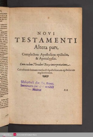 2: Novi testamenti altera pars, complectens Apostolicas epistolas & apocalypsin