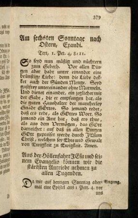 379-388, Am sechsten Sonntage nach Ostern, Exaudi
