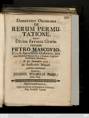 Disputatio Ordinaria De Rerum Permutatione