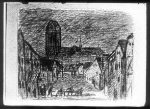 Dunkle Straße II : Bühnenbilder zu Barlachs Drama "Der blaue Boll". Dunkle Straße II. Kohlezeichnung; 22,2 x 28,2 cm (1926; E. Barlach). Güstrow, Heidberg 15. Atelier des Bildhauers