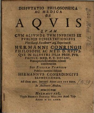 Dispvtatio Philosophica Ac Medica De Aqvis