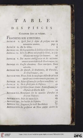 Table des pieces contenues dans ce volume