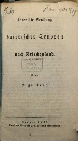 Über die Sendung baierischer Truppen nach Griechenland
