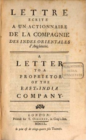 Lettre écrite à un actionnaire de la compagnie des Indes orientales d'Angleterre