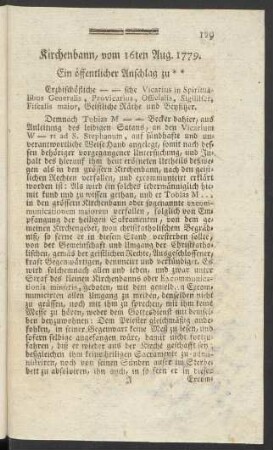 Kirchenbann, vom 16ten Aug. 1779. Ein öffentlicher Anschlag zu **