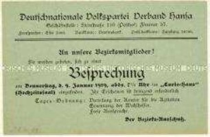 Aufruf der Deutschnationalen Volkspartei zu einer Mitgliederbesprechung anlässlich der Wahl zur Nationalversammlung 1919