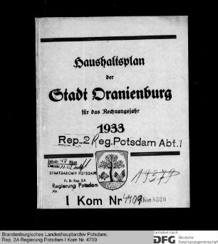 Haushaltsplan der Stadt Oranienburg für das Rechnungsjahr 1933