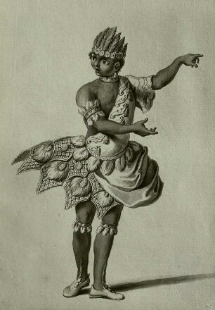 Figurine Page der Attilia für die Oper "Attilio Regolo" von Metastasio und Hasse. Hoftheater Dresden, Uraufführung 12. Januar 1750. Federzeichnung von F. Ponte in: Vestiarium der Oper "Attilio Regolo". Dresden: Kupferstich-Kabinett Ca 103