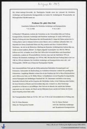 Todesanzeige / Nachruf auf Otto Feld