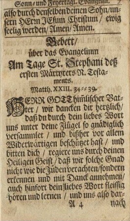 Gebett/ über das Evangelium Am Tage St. Stephani deß ersten Märtyrers N. Testaments.