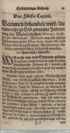 Das fünfte Capitel. Worinnen behandelt wird/ die nunmehr zu End gebrachte Zubereitung dess Philosophischen Mercurii...