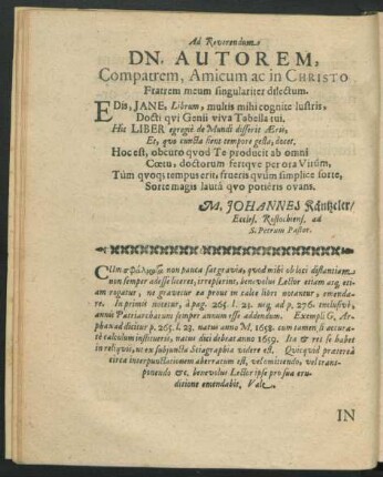 Ad Reverendum Dn. Autorem ...