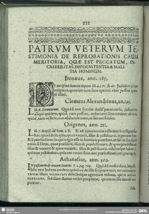 Patrum Veterum Testimonia De Reprobationis Causa Meritoria, Quae Est Peccatum, Incredulitas, Impoenitentia & Malitia Homium