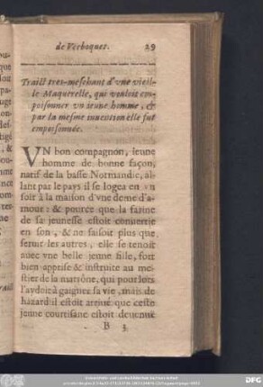 Traict tres-meschant d'une vieille Maquerelle, qui vouloit empoisonner un jeune homme, & par la mesme invention elle fut empoisonnée.
