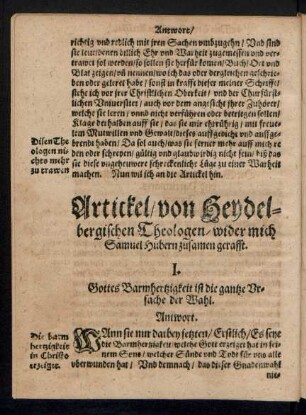 Artickel/ von Heydelbergischen Theologen/ wider mich Samuel Hubern zusamen gerafft.
