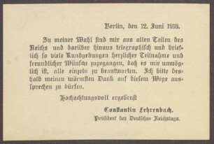 Dankeskarte von Constantin Fehrenbach für die Glückwünsche zur Wahl zum Reichstagspräsidenten