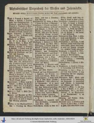 Alphabetisches Verzeichniß der Messen und Jahrmärkte.