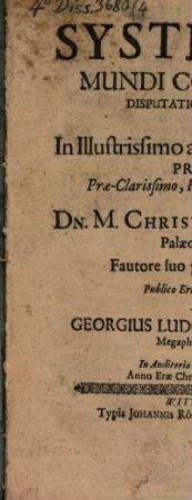 De systemate mundi Copernicaeo disputatio astronomica