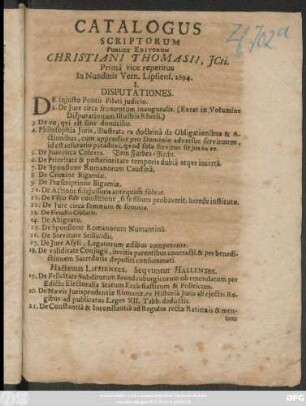 Catalogus Scriptorum Publice Editorum Christiani Thomasii, ICti.