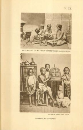 Pl. XII. Vrouwen bezig met het gereedmaken van spijzen. Javaansche kinderen