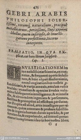 Gebri. De Investigatione perfectionis. Liber Primus.