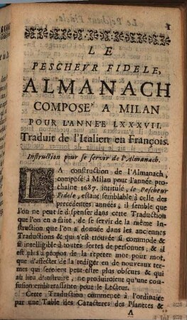 Almanach de Milan ou le Pecheur fidele : observations sur l'année de la création du monde, de l'incarnation, de la correction Gregor, 1687