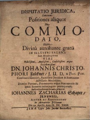 Disputatio Iuridica, Continens Positiones aliquot De Commodato