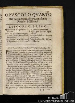 Opvscolo Qvarto Dell'Aritmetica Militare, con alcune Regole, & Effempij.