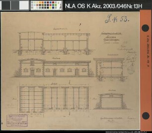 Schlachthofstraße: Städtischer Schlacht- und Viehhof Osnabrück Großvieh- und Pferdestallungen Schnitte, Ansichten und Grundriss Ausf.-Art: Zeichnung auf Karton, auf Büttenpapier aufgezogen Hersteller: E. Hackländer Format: 54 x 63,7 cm Maßstab: ca. 1 : 750