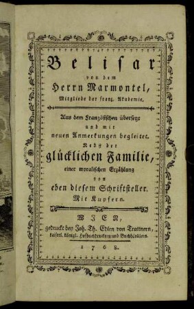 Belisar : Aus dem Französischen übersetzt und mit neuen Anmerkungen begleitet ; Mit Kupfern