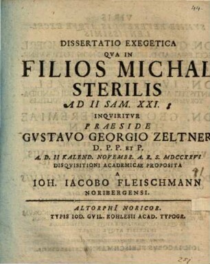 Diss. exeg. qua in filios Michal sterilis, ad 2 Sam. XXI, 8. inquiritur