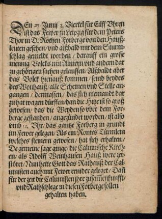 Den 27. Junii 3. Viertel für Eilff Uhren ist das Fewer zu Leipzig ...