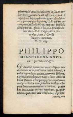 Philippo Melanthoni, Antonius Eparchus, bene agere.