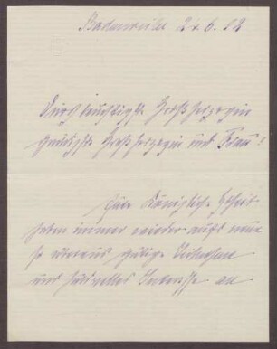 Schreiben von Elisabeth Dryander an die Großherzogin Luise; Bericht aus Badenweiler