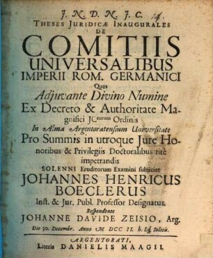 Theses Juridicae Inaugurales De Comitiis Universalibus Imperii Rom. Germanici